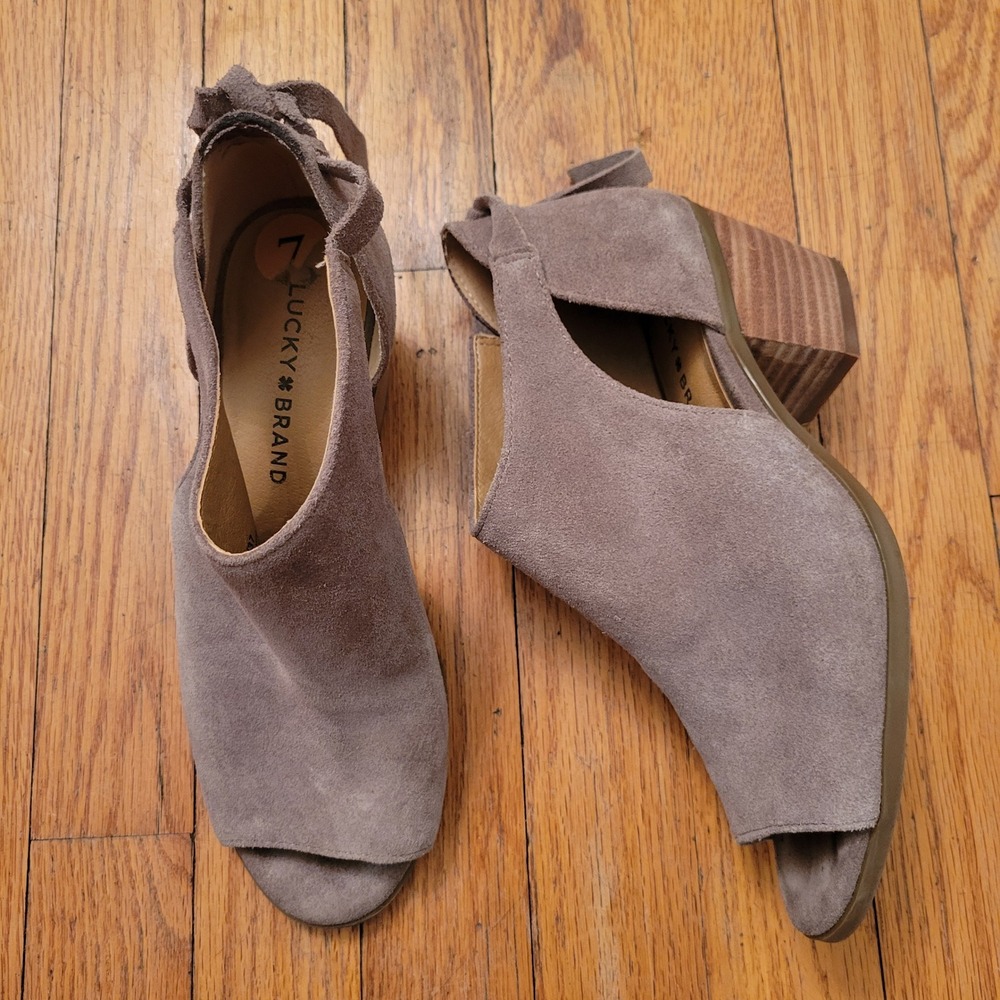 Lucky Brand Gray Suede Leather Open Toe Booties‎ Ankle Boots 7 Boho Granola